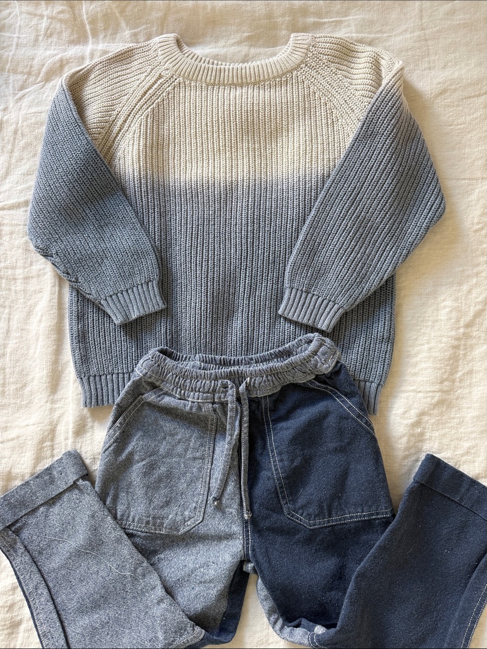 Zara Toddler Boy Ombré Sweater and Patchwork Denim Joggers Set - Blue/Cream Size